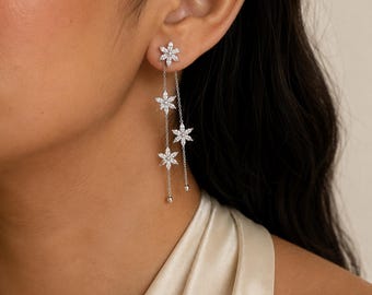 Cascading Crystal Flower Earrings By Feel Amara • Silver Floral Threader Earrings • Long Chain Drop Earrings • Statement Gift