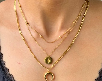 Layered Celestial Moon Necklace By Feel Amara • 18K Gold Triple Chain • Moon Pendant Necklace • Anti-Tarnish Jewelry • Gift For Her