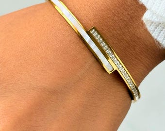 Mother of Pearl Gold Bangle By Feel Amara • Crystal Inlay Bracelet • Minimalist Gold Bangle • Elegant Everyday Jewelry • Gift For Her