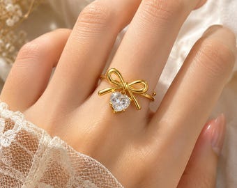 18K Gold Bow Ring With Crystal Heart By Feel Amara • Waterproof CZ Ring • Everyday Ring • Valentine's Gift For Her