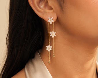 Cascading Crystal Flower Earrings By Feel Amara • Gold Floral Threader Earrings • Long Chain Drop Earrings • Statement Gift