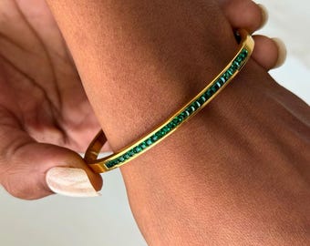 Emerald Stone Bangle Bracelet By Feel Amara • 18K Gold Plated Bracelet • Minimalist Stackable Bangle • Green Stone Jewelry • Gift For Her