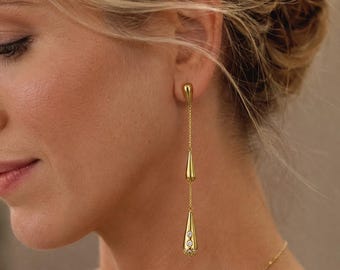 Gold & Silver Double Teardrop Drop Earrings | Y2K 90s Long Dangle Earrings | Titanium Steel Rhinestone Water Drop Earrings | Gift for Her