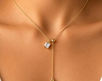CZ Crystal & Heart Lariat Necklace By Feel Amara • Waterproof Adjustable Pendant • Bridal Gift • Sparkle Necklace For Her