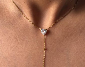 Gold Heart Lariat Necklace By Feel Amara • CZ Heart Drop Necklace • Dainty Minimalist Necklace • Romantic Jewelry • Gift For Her
