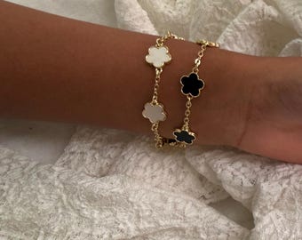 18K Gold Clover Charm Bracelet By Feel Amara • Black White Enamel Bracelet • Minimalist Gold Bracelet • Dainty Jewelry • Gift For Her