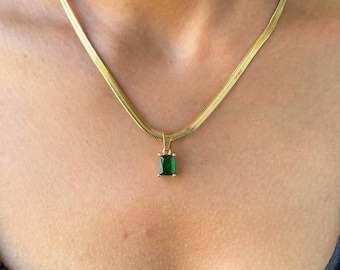 Emerald Green Square Pendant Necklace By Feel Amara • 18K Gold Plated Necklace • Birthstone Necklace • Gift For Her • Green Jewelry