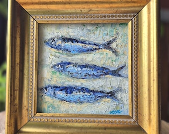 Original Ölgemälde „Drei Sardinen“ – Gerahmte Mini-Kunst auf Holzplatte – Handgemalte Küstendekoration