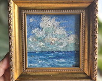 Oceaan Muurdecoratie Origineel Olieverfschilderij, Schilderij van de Blauwe Zee, Strandhuisdecoratie, Zeegezicht met Textuur (impasto) Klein Ingelijst Zomerse Muurdecoratie