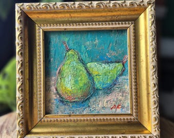 Green Pear Still Life – Original Oil Painting – Framed Kitchen Decor