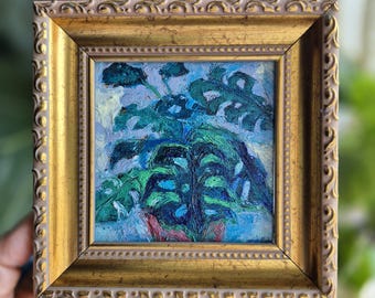 Monstera Leaf Oil Painting, Original Botanical Wall Art, Framed Tropical Plant Impasto Painting, Swiss Cheese Plant Art, Modern Home Decor