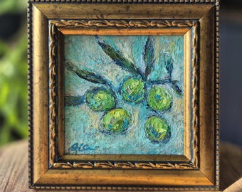 Original Olive tree Oil Painting Framed in Antique Style Gold Frame – Small Impasto Artwork, Mediterranean Wall Decor