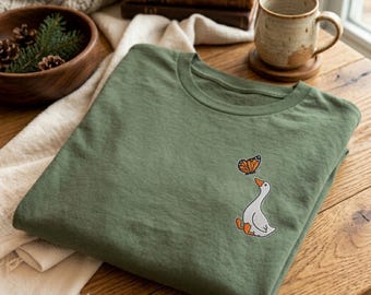 Cute Goose and Butterfly Shirt,Sweatshirt & Hoodie Minimal Animal, Aesthetic Duck Graphic, Soft Nature Lover Gift, Simple Cute Bird