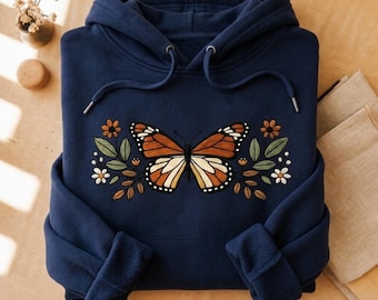 Monarch Butterfly Floral Hoodie, Embroidered Style Butterfly Sweatshirt, Wildflower Nature Aesthetic Top, Garden Shirt, Gift for Her