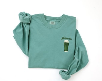 Comfort Color Embroidered Sláinte Pocket Sweatshirt: Irish Beer St. Patrick's Day T-Shirt & Hoodie