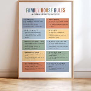 May include: A framed print with the text "FAMILY HOUSE RULES" in colorful letters. The print lists 10 rules for creating a happy and respectful home. The rules are in a variety of colors and fonts, set against a white background.