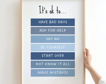 Póster "Está bien no estar bien", arte mural sobre salud mental, impresión con cita motivacional, decoración para el aula, oficina de orientación escolar, póster de terapia