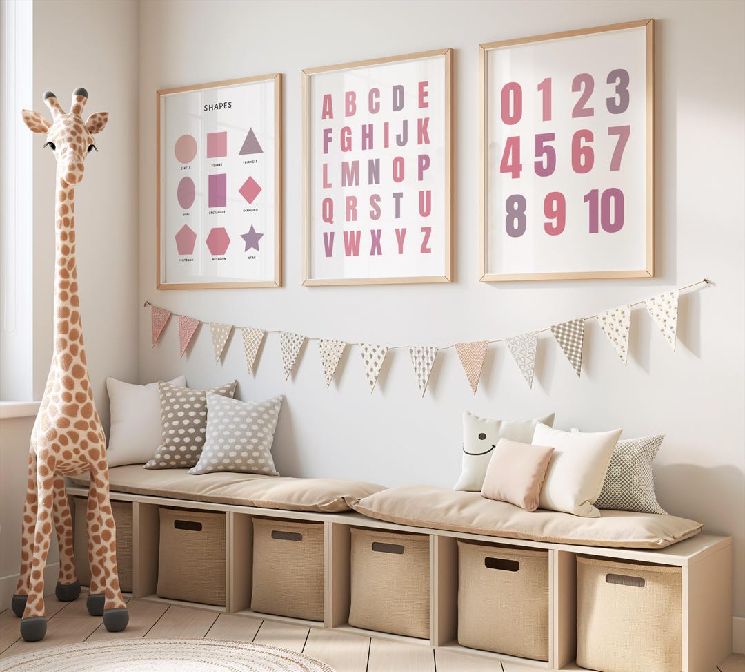 Pink Alphabet, Shapes & Numbers 1-10 Printable Wall Art Bundle ...