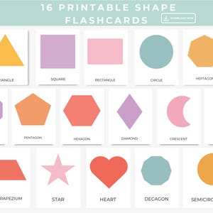 以下が含まれることがあります： 三角形、正方形、円など、さまざまな幾何学的な形状が描かれた、16枚の印刷可能な形状フラッシュカード。各カードには、異なる形状が鮮やかな色で表示され、その下に形状の名前が記載されています。これらのカードは教育目的で設計されています。