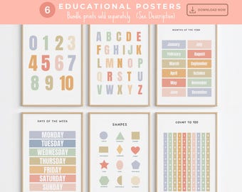 Set of 6 Educational Posters, Montessori Classroom Decor, Homeschool Printable Wall Art, Toddler Playroom Decor, Digital Download Prints