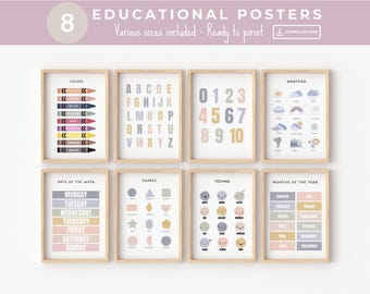 Set of 8 Educational Posters, Nursery Wall Art, Classroom Decor, Playroom Learning Prints, Homeschool Prints Back to School