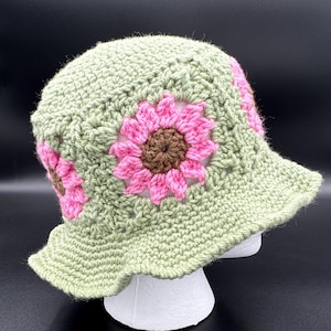 Handmade Crocheted Bucket Hats – Purple & White, Green with Pink Flowers, Rainbow Style