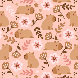 Peut inclure: Motif répété avec des capybaras de dessin animé, des fleurs et des feuilles dans des tons de marron, rose et blanc. Les capybaras sont dans diverses poses, et les fleurs ont un design simple et stylisé. Le fond est rose clair.