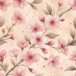 May include: Watercolor illustration of a seamless floral pattern featuring pink cherry blossoms, buds, and leaves on a beige background. The delicate flowers have detailed petals and red centers, with brown stems and leaves.