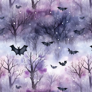 Peut inclure: Illustration à l'aquarelle d'une scène de forêt effrayante. Des chauves-souris noires volent parmi des arbres sombres et dénudés sur fond de brume violette et blanche. L'œuvre a une qualité onirique, parfaite pour Halloween.