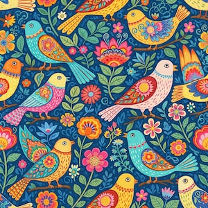 May include: A colourful repeating pattern of birds and flowers on a dark blue background. The birds are in shades of yellow, pink, blue, and orange, with detailed floral designs on their wings and bodies. The flowers are in shades of pink, orange, and red.