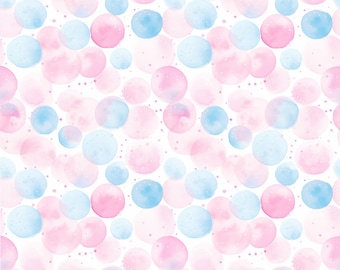 May include: A repeating pattern featuring soft watercolor circles in shades of light pink and sky blue on a white background. The circular shapes vary in size and opacity, creating a layered effect with small scattered dots between the larger circles.