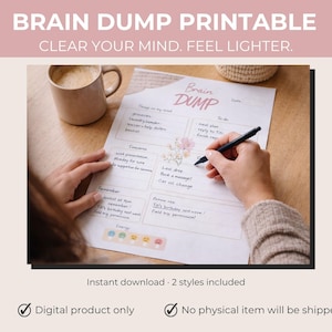 Puede incluir: Una hoja de trabajo imprimible "Brain Dump" con el texto "Clear Your Mind. Feel Lighter." Una persona escribe en la hoja de trabajo con un bolígrafo negro. La hoja de trabajo incluye secciones para tareas, preocupaciones y recordatorios. Una taza de café está cerca.