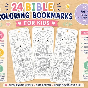 Puede incluir: Juego de 24 marcapáginas bíblicos para colorear para niños. Cada marcapáginas presenta diseños únicos con versículos alentadores e ilustraciones bonitas. Incluye archivos PDF y PNG para una fácil impresión. Ideal para la escuela dominical.