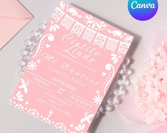 May include: Pink baptism invitation with white decorative elements and text. The invitation includes the words "Cielito Lindo" and "Mi Bautizo". The text "INSTANT DOWNLOAD!" is at the bottom. A Canva logo is in the upper right corner.