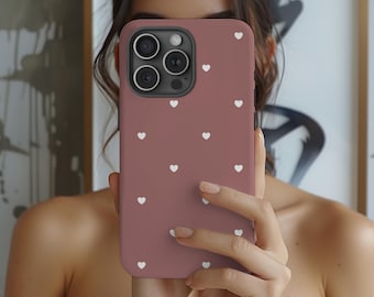 Mauve Heart Print iPhone Case: Cream Hearts, Protective Dual Layer