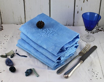 Vintage French Blue Napkins - Set of 4 Blue Dyed Damask Large Table Napkins - Monogram Embroidery - Blue linen Napkin - Christmas gift