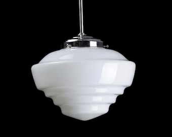Vintage Pendant Lamp - Art Deco Lamp - Opaline glass lamp - Milk Glass Skyscraper Lamp, Stepped Ribbed Opal Shade,