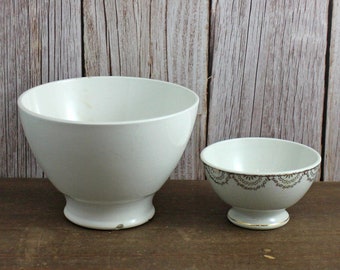 Vintage Cafe au Lait Bowls: White Ironstone Coffee Bowls with Golden Detail