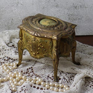 Antique French Jewelry Box 19th Century – Ornate Gilded Metal with Portrait & Silk Interior