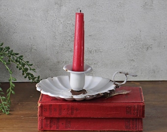 Vintage Enamel Chamberstick Candle Holder, White Enamelware Candlestick with Finger Loop, Rustic Farmhouse Decor,