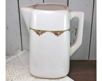 Antique White Ironstone Pitcher: Large Floral Transferware Vase