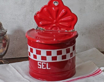 Salero francés vintage esmaltado: bote rojo "SEL" de pared