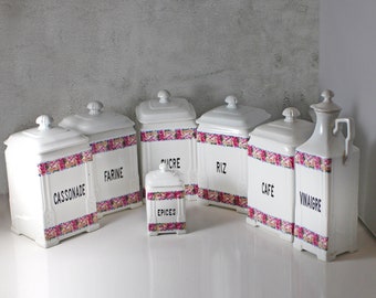 Vintage French Set of 7 Porcelain Storage Canisters - Spice Containers - kitchen canisters - Spice jars