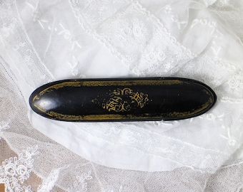 Antique Victorian Glasses Case  Papier Mache Case with Gild Design and Purple Velvet Lining