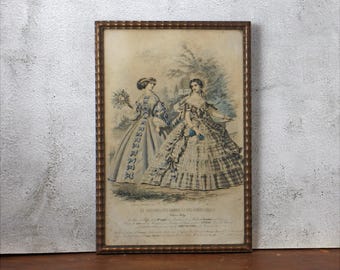 Antique Victorian French Fashion Print 1860s - XIX century - Framed Illustration Le Journal des Dames et Demoiselles