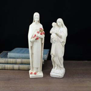 Vintage Catholic figurines - Virgin Mary with Child and St Therese of Lisieux- Chalkware Plaster