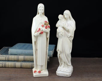 Statuette cattoliche d'epoca - Vergine Maria con Bambino e Santa Teresa di Lisieux - Gesso