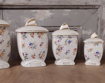 Vintage French Porcelain Kitchen Canisters: Floral Art Deco Set of 5