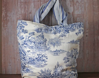 Toile Tote Bag Vintage tela nueva - Bolso toile azul y crema - Tela reciclada Toile de Jouy azul - Bolso tote de playa Bolso de hombro