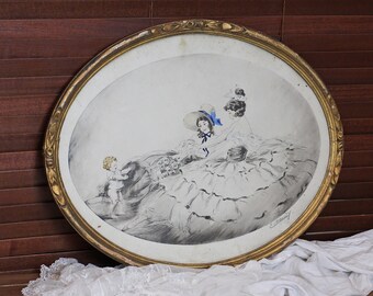 Grabado ovalado antiguo "Escena romántica francesa", Alfred Renaudin, circa 1920